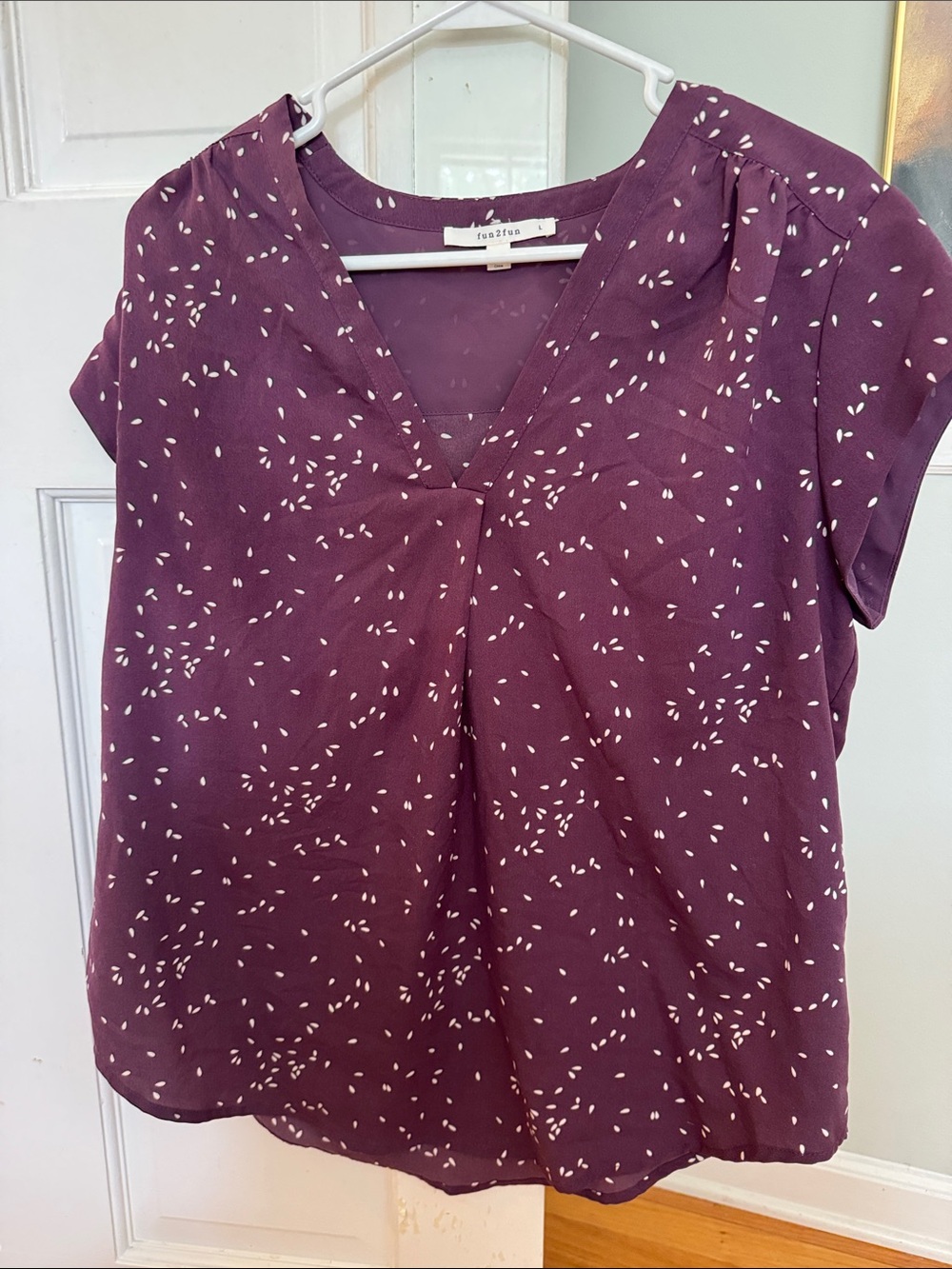 fun 2 fun Plum V-Neck Cap Sleeve Blouse with White Dot Print